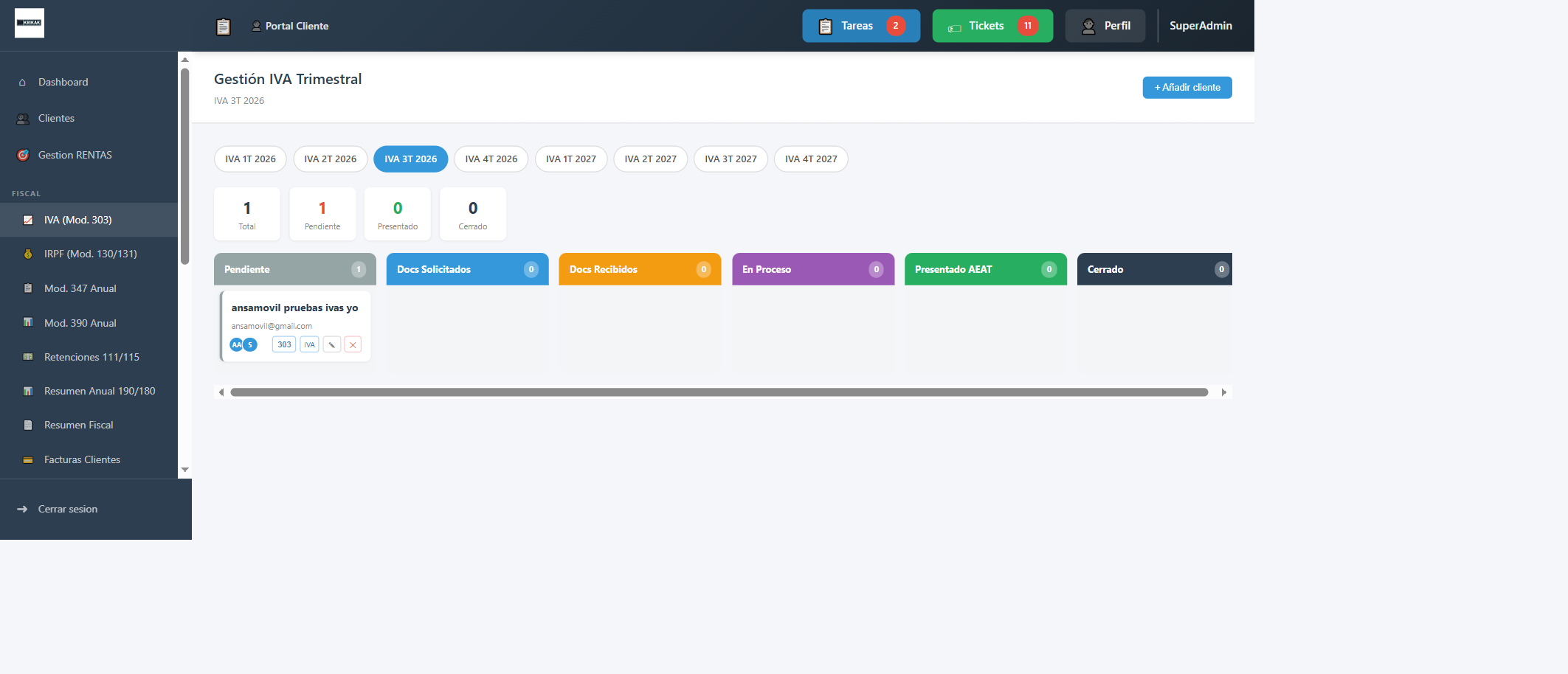 Kanban de IVA trimestral e IRPF fraccionado por cliente