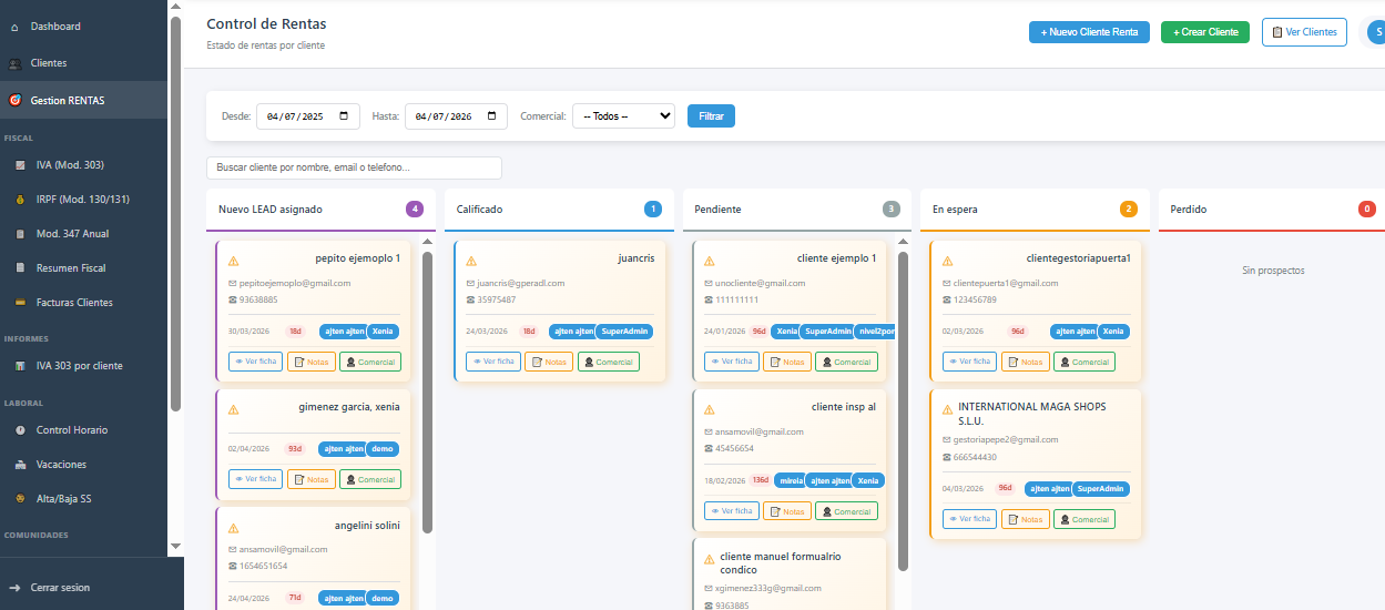Kanban de control de campaña de renta por cliente