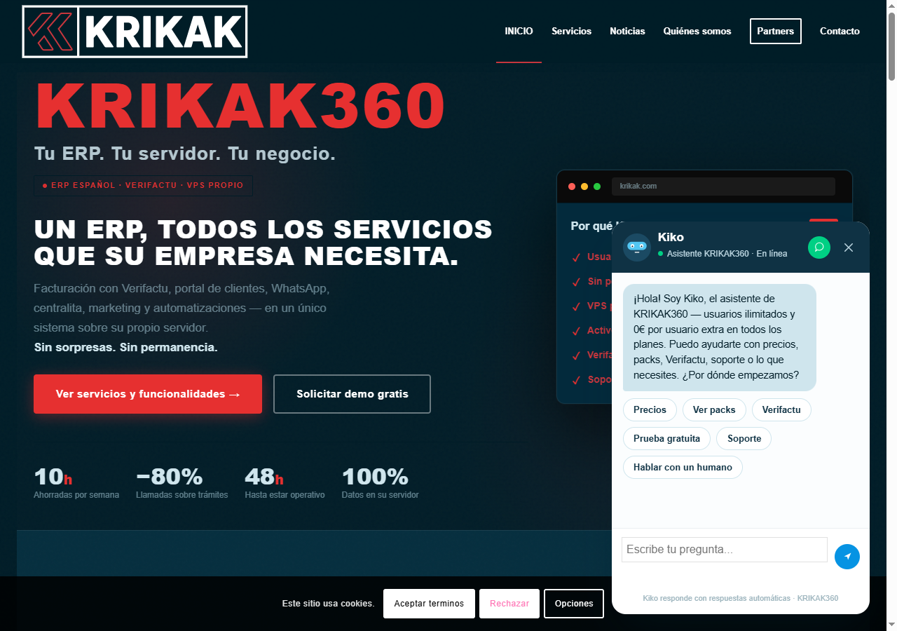 Kiko, el asistente de krikak.com, con FAQs y chips de acceso rapido