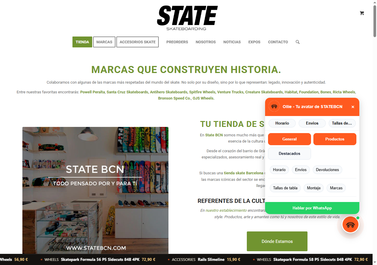 Krikavatar funcionando en la tienda de skate State BCN, con la mascota Ollie, preguntas frecuentes y productos destacados